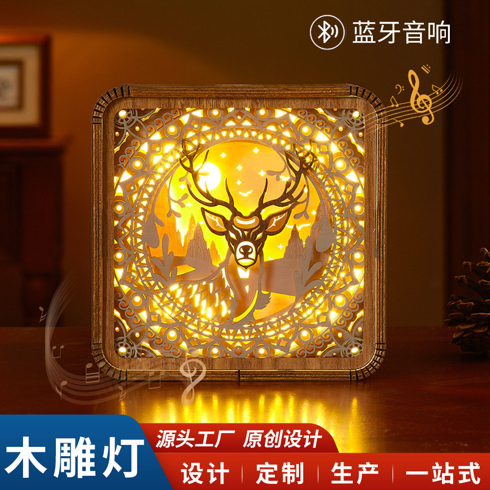 中国风木质红灯小夜灯光影摆件