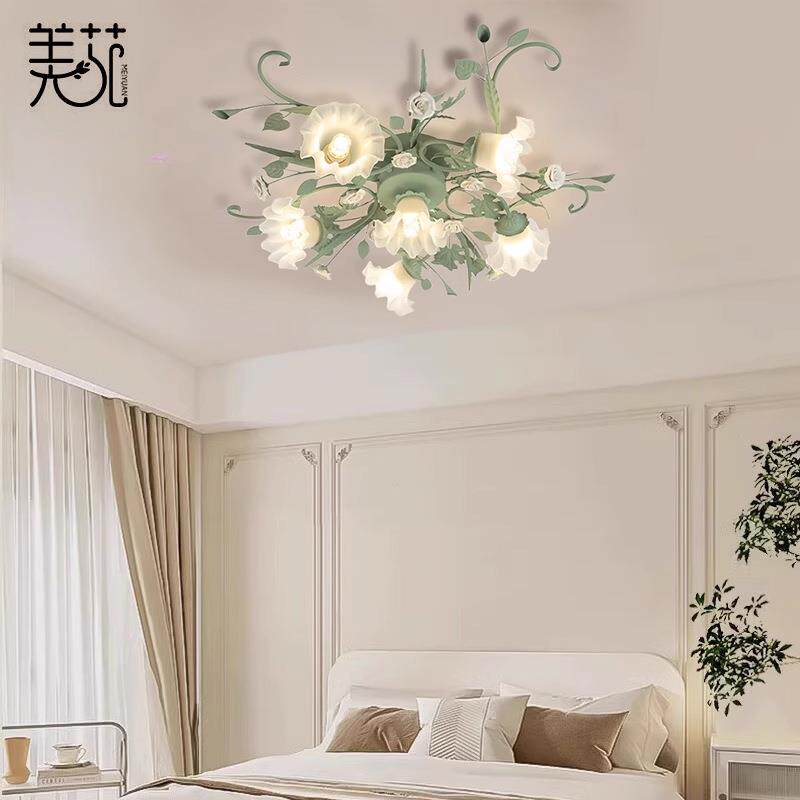 佳苑蓝色田园风格吸顶灯玫瑰花铁艺复古房间卧室灯温馨浪漫花草灯