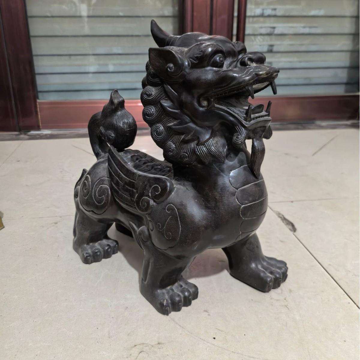 铜小麒麟家居庭院别墅动物文玩青铜蹲门狮雕塑园林公司银行招财