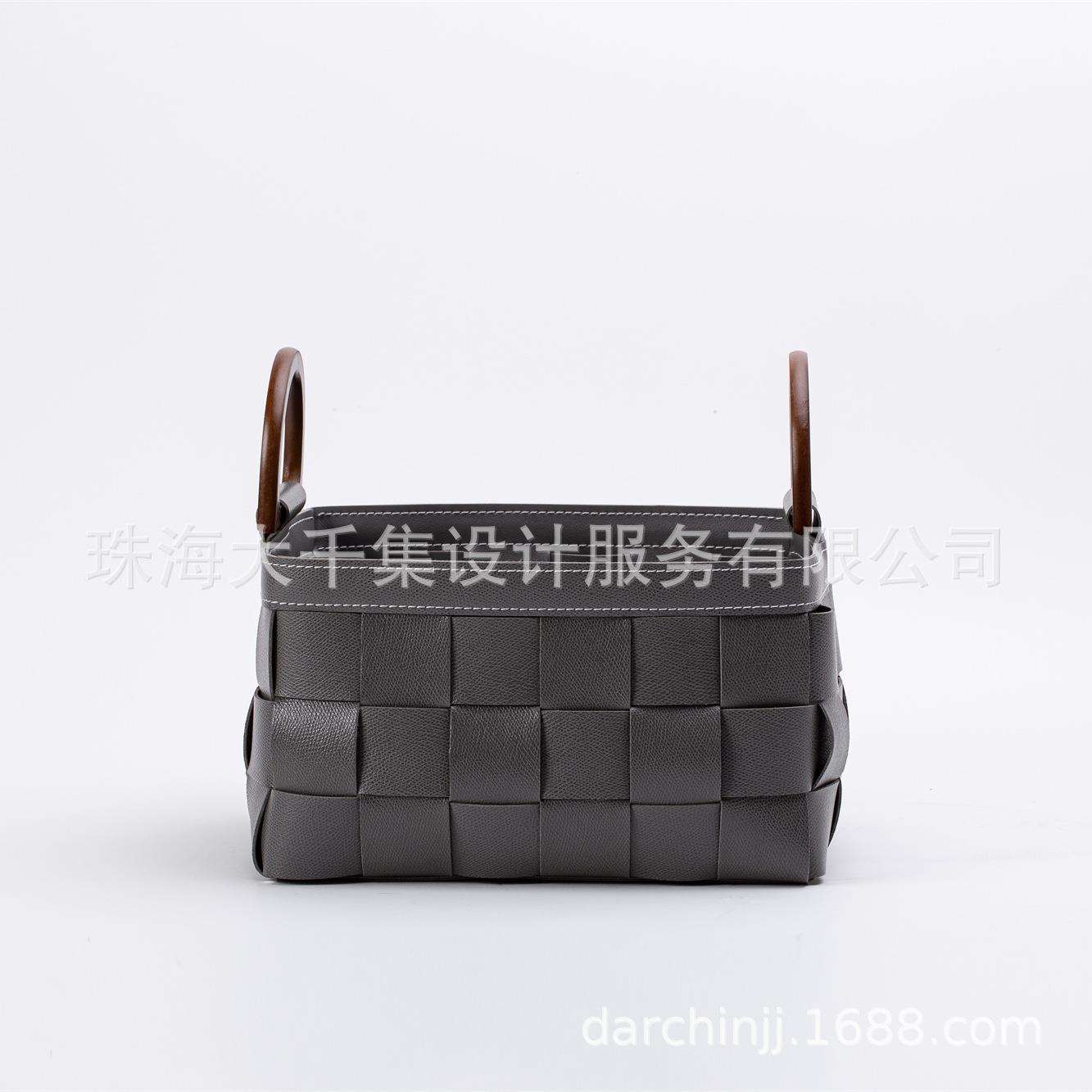 大千家居编织皮革收纳筐圆形木手提脏衣篓客厅卧室样板房家居饰品