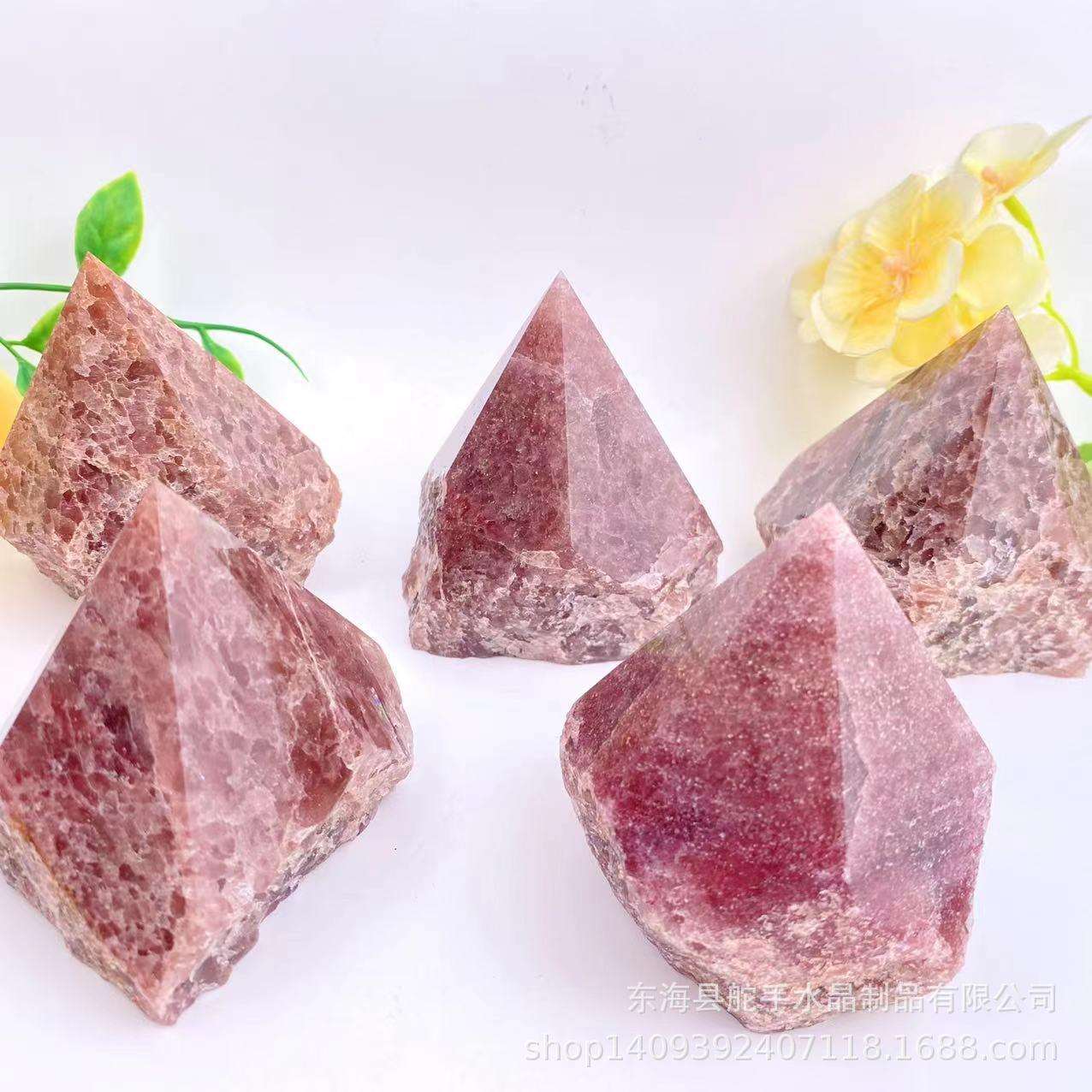 天然晶体草莓晶切面六棱柱 原石切割打磨金字塔 家居办公消磁装饰