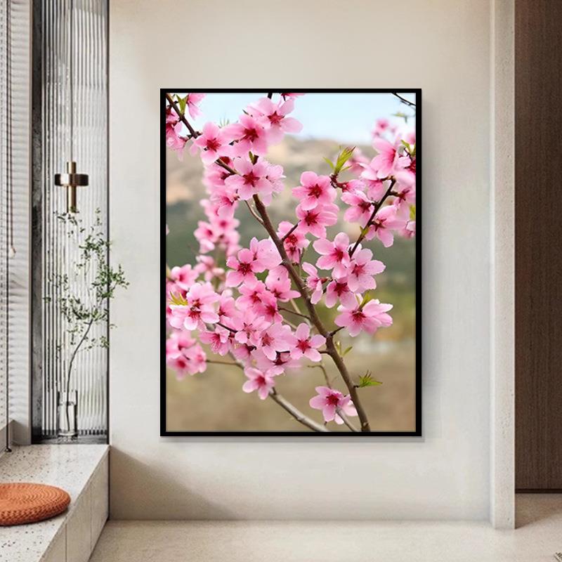 桃花挂画玄关房间卧室床头装饰画竖版旺桃花真实桃花运风水壁画