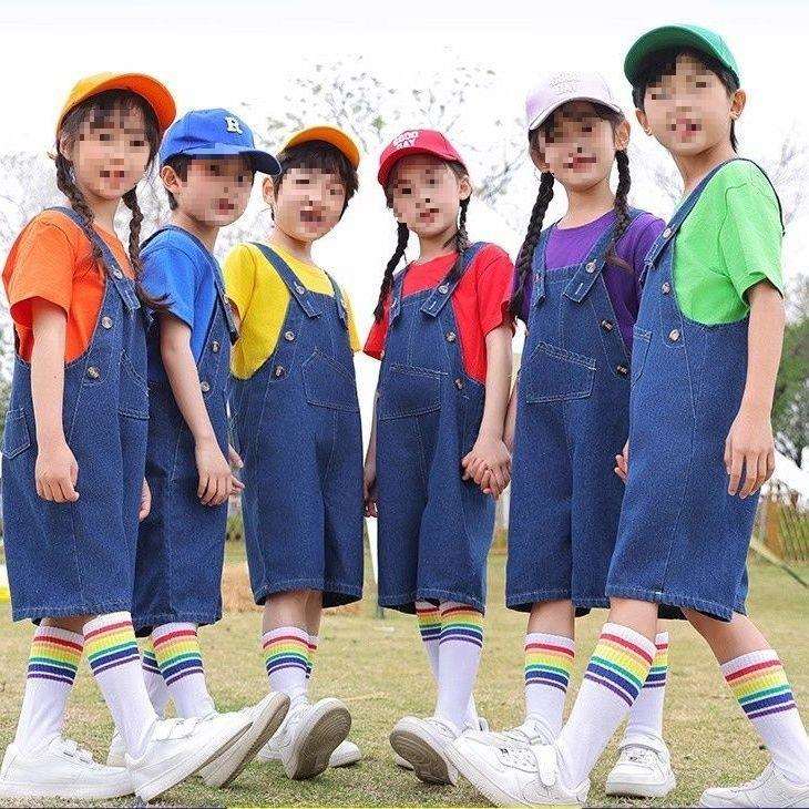 儿童啦啦队牛仔演出服小学生服装幼儿园毕业表演背带裤班服现货
