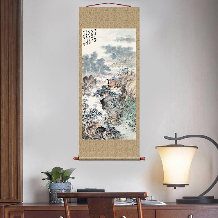 朱梅邨荷园幽暑山水画挂轴条幅卷轴名画复制品字画书房玄关挂画