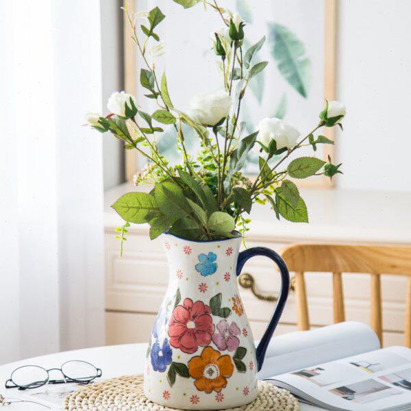 客庄田园风花瓶摆件创意欧式带手柄陶瓷家用客厅餐桌干花插花器皿