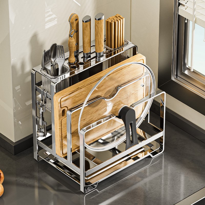 菜刀架置物架台面不锈钢一体式刀C锅盖砧板架筷多功能收纳脸盆架