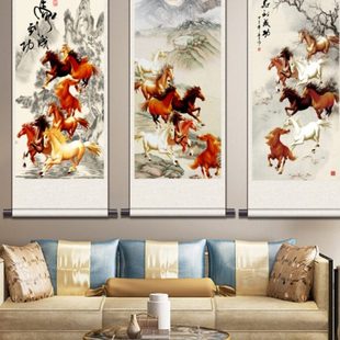 八骏图丝绸卷轴画 马到成功国画 骏马挂画客厅办公室装饰画已装裱