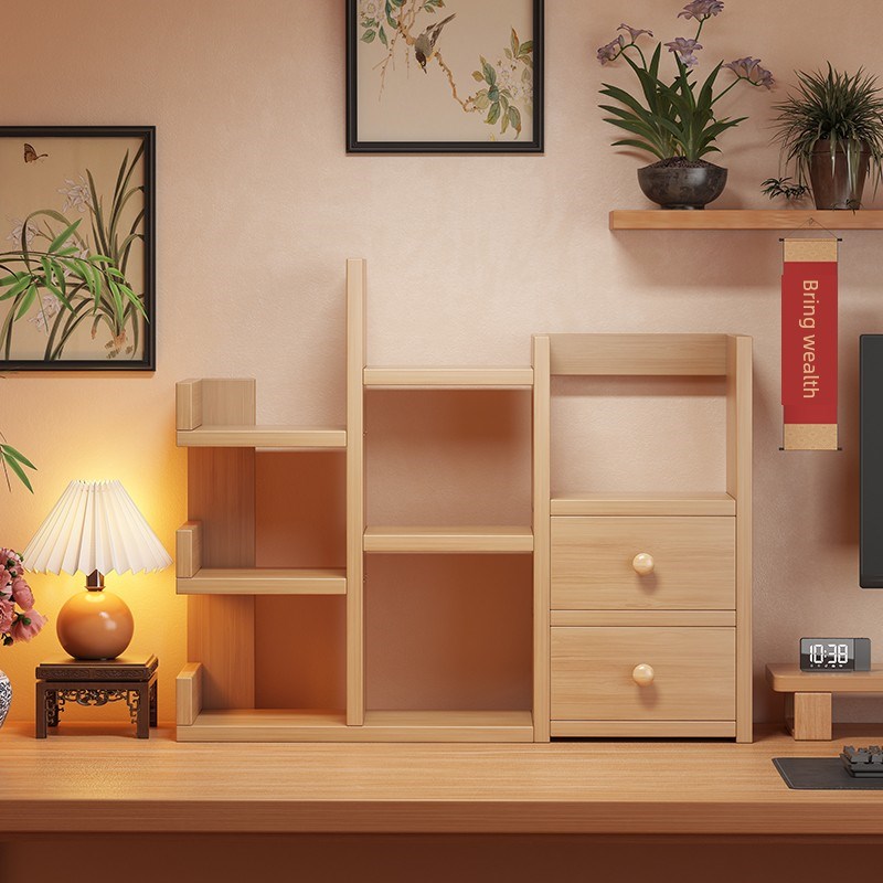 原木风格实木f书架桌面储物架书桌组织者卧室桌子储物架书柜多层