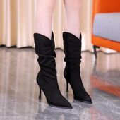 7CM2025秋冬新款 褶皱气质靴女细跟尖头短靴高跟时装 堆堆靴