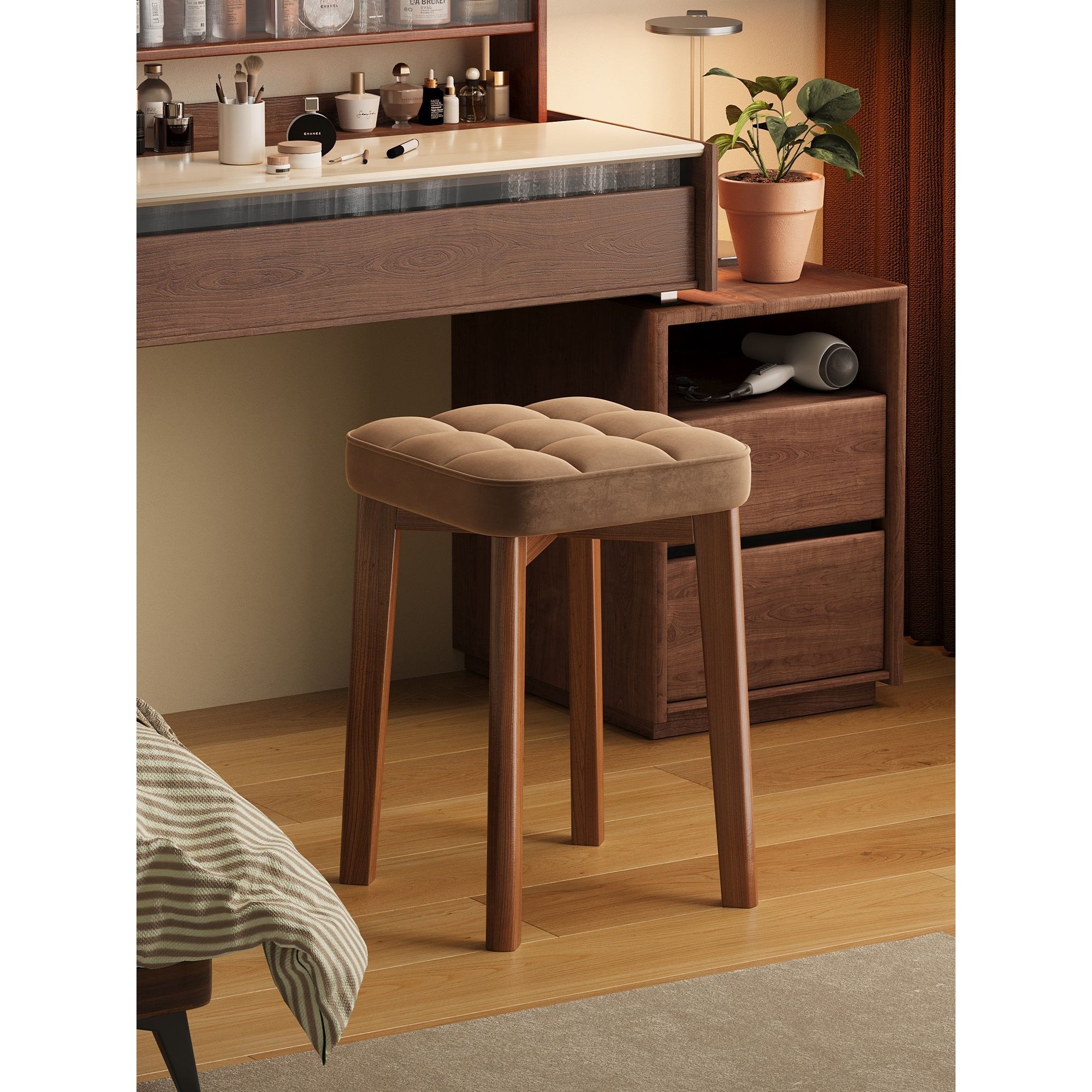 实木凳子化妆凳女生卧室家用梳妆台椅子美甲方凳软包板凳轻奢