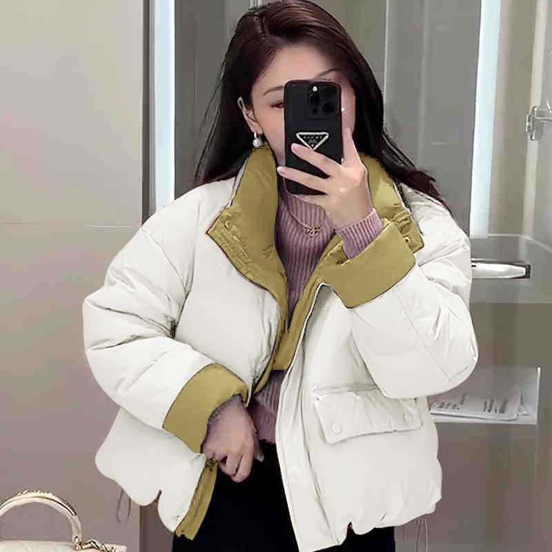 韩国东大门撞色立领棉服女 短款冬季新款小个子休闲面包服外套