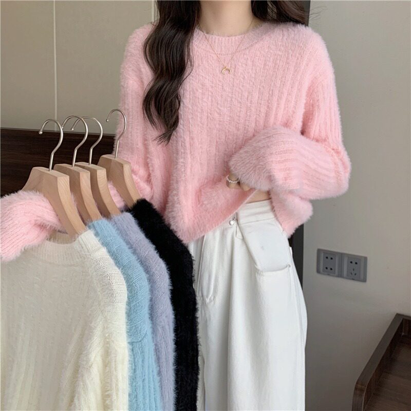 甜美温柔风软糯水貂绒毛衣女春秋2025新款圆领长袖短款套头针织衫