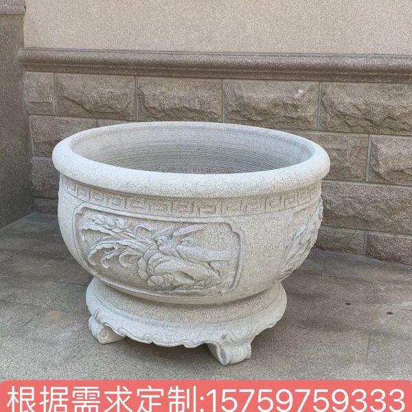 户外金鱼养花盆石头荷花摆件仿古庭院石雕鱼缸水池花岗岩雕刻花盆