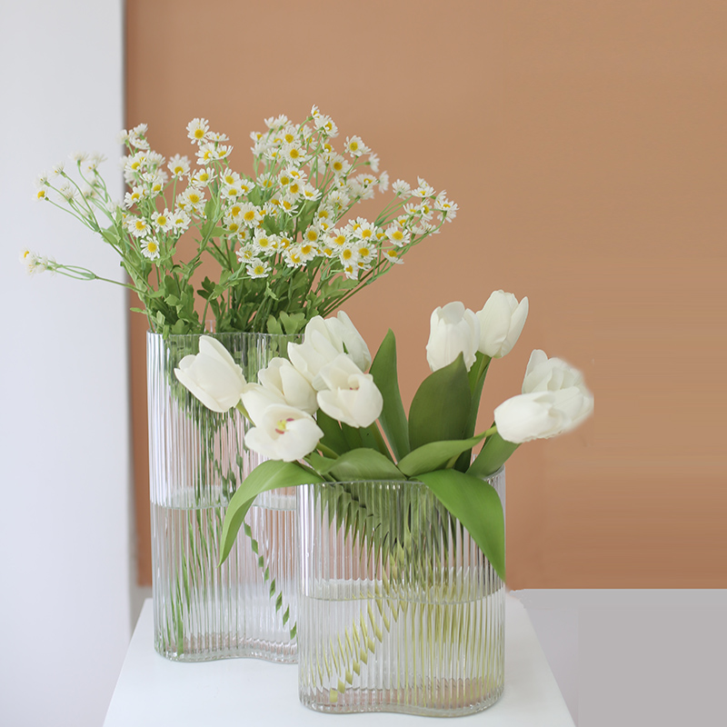 玻璃花瓶竖纹个性 现代简约家居客厅插花水L培 样板间装饰花器摆