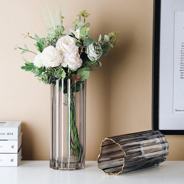 北欧轻奢描金花瓶透明玻璃客厅插鲜花摆件干花富贵竹简约网红花器