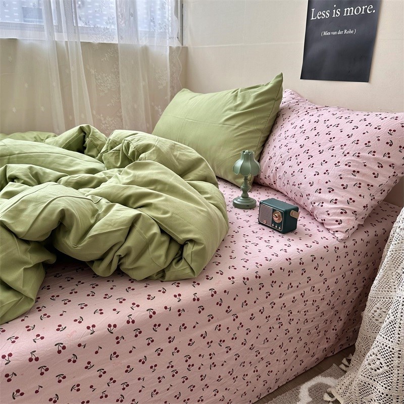 韩系insc纯色混搭风小樱桃水洗棉床上四件套床单学生宿舍三件套1.