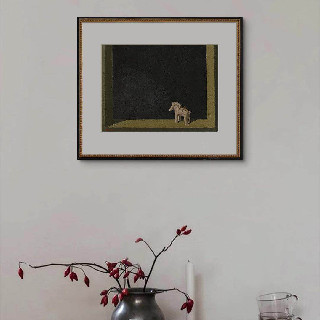 法式中古风窗台上的小马实木边框装饰画小众复古客厅壁画玄关挂画