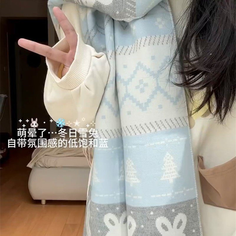 雪兔围巾秋冬季女韩系氛围感围脖时尚可爱加厚保暖百搭2025新款
