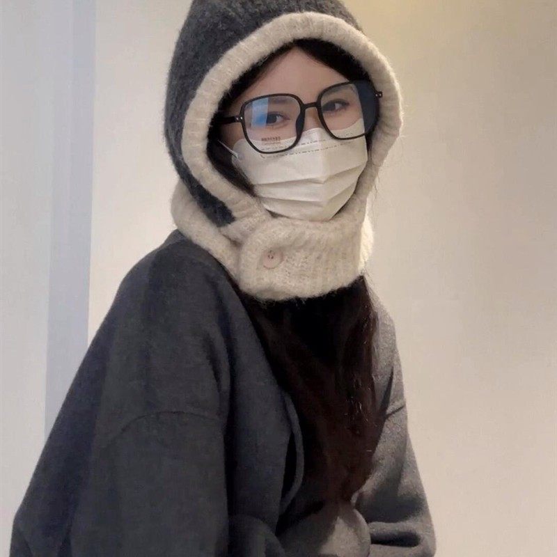 针织毛线帽子围巾一体帽子显脸小适合方圆脸女款秋冬季加厚保暖