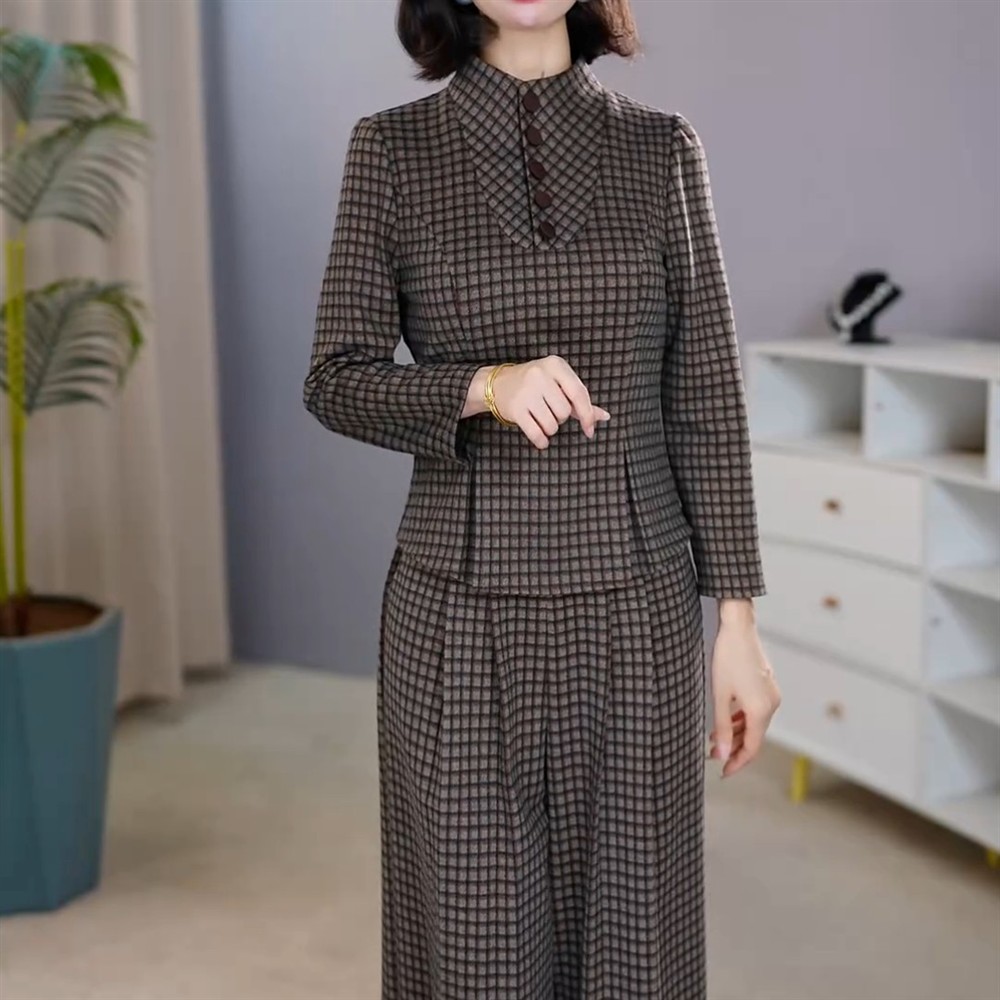轻奢高端格子时尚复古套装女2026秋季新款遮肚修身显瘦裤装两件套
