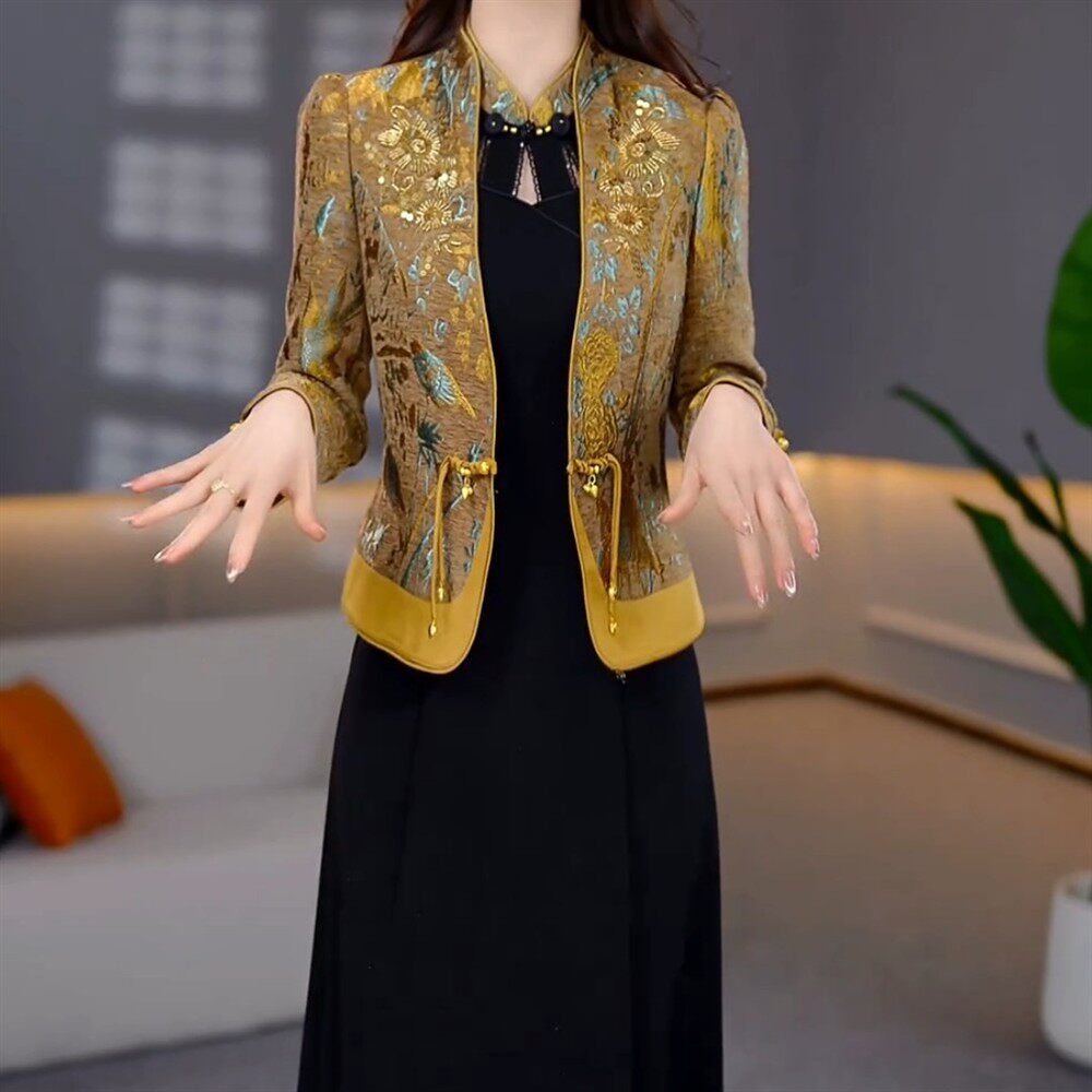 高级织锦提花锻大码外套两件套女2026春季新款改良旗袍连衣裙套装