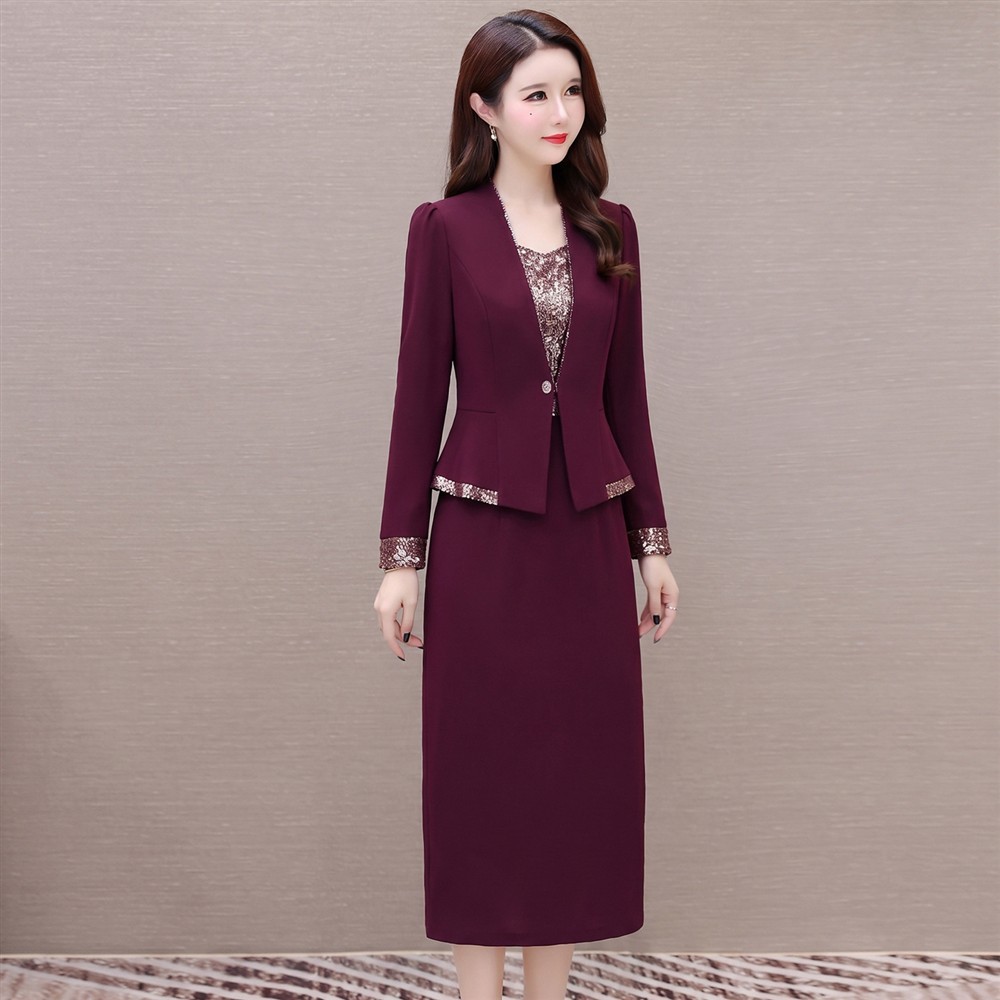 红色假两件气质连衣裙女2026秋季新款妈妈装修身时尚大方中长裙子