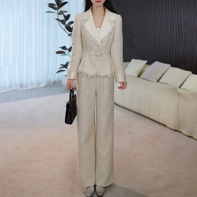 高档显瘦西装领长袖两件套女2026年春秋季新款妈妈气质阔腿裤套装