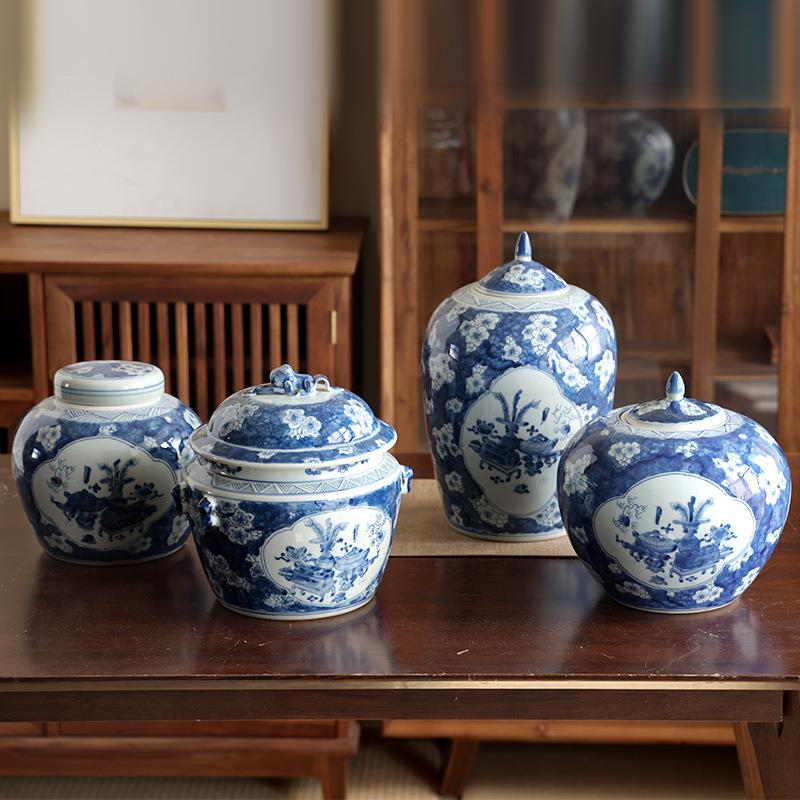 仿古青花冰梅陶瓷花瓶中式陶瓷罐客厅玄关装饰花器摆件插花陶瓷罐