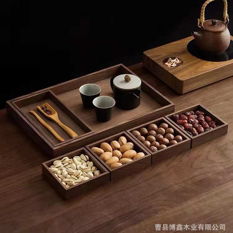 长方形木质茶水盘家用茶杯水具托盘六件套黑胡桃实木日式收纳盘