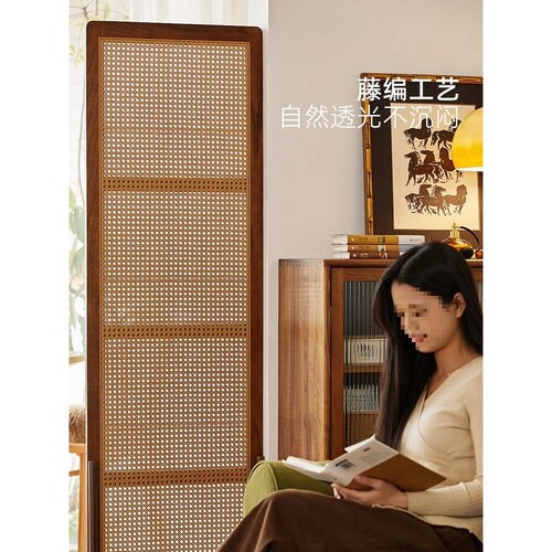 中古风新中式实木藤编客厅屏风入户正对门遮挡进门玄关隔断可移动