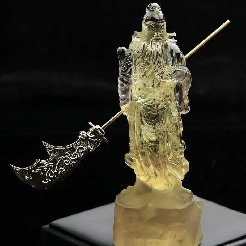 精品天然巴西浅黄水晶俏色立体关公摆件精工雕刻立体雕刻办公室