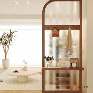 中古风入户玄关客厅免打孔实木屏风日式现代简约进门遮挡玻璃隔断