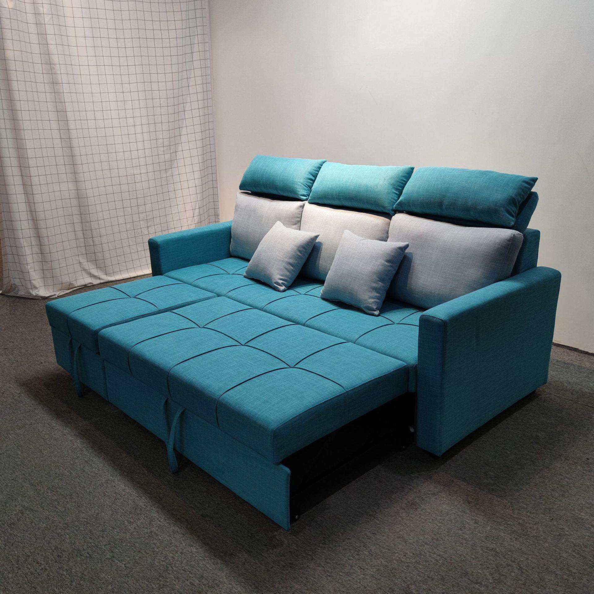 现代简约浅蓝色棉麻小户型双拖床客厅卧室折叠头枕多功能沙发床