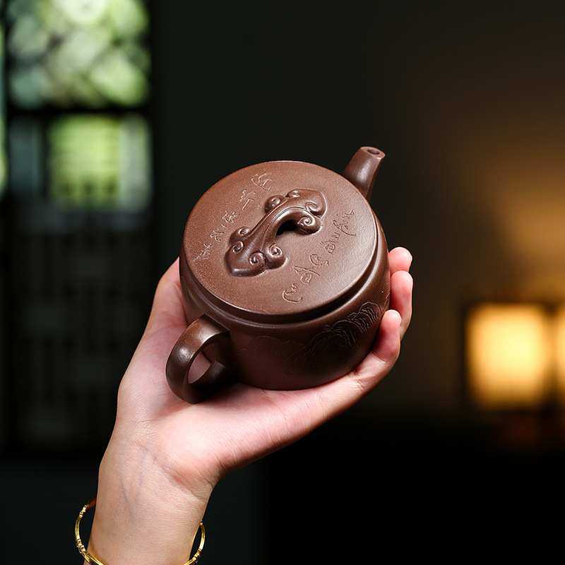 全手工刻绘山水汉瓦壶原矿紫泥紫沙壶家用紫砂茶壶茶具厂家