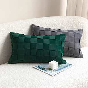 轻奢复古丝绒编织抱枕红色绿色沙发腰枕样板间靠枕长方形软装搭配