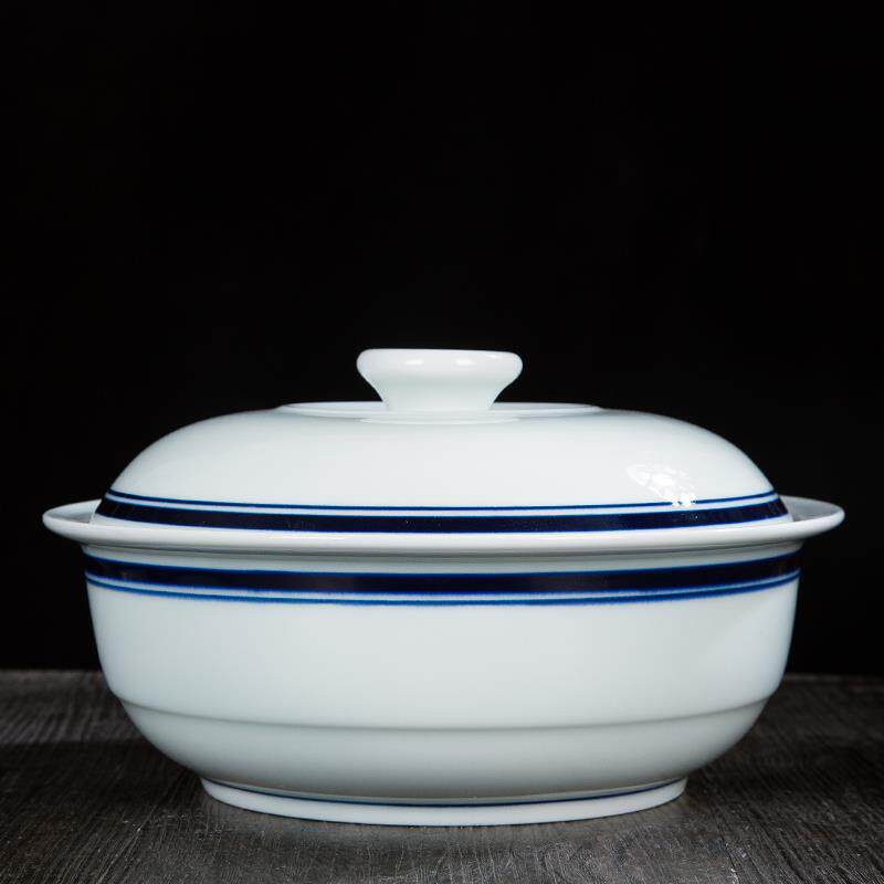 釉下彩高温蓝边餐具品锅简约中式家用景德镇陶瓷青花碗带盖汤碗