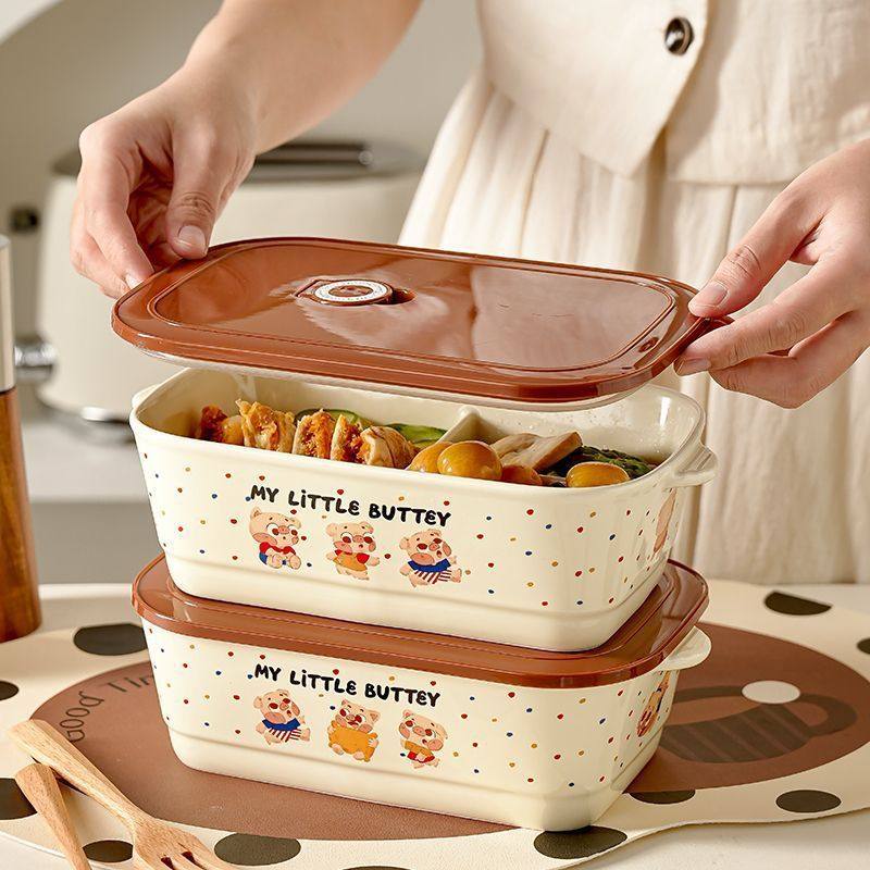 可爱陶瓷分隔饭盒学生上班族便携带盖子保鲜便当盒微波炉加热