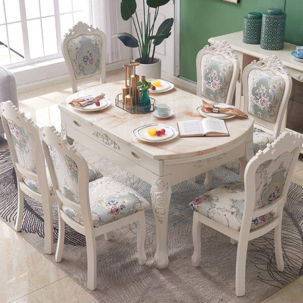 组合大理石圆桌家用小椅现代简约欧式餐桌折叠户型饭桌可伸缩实木