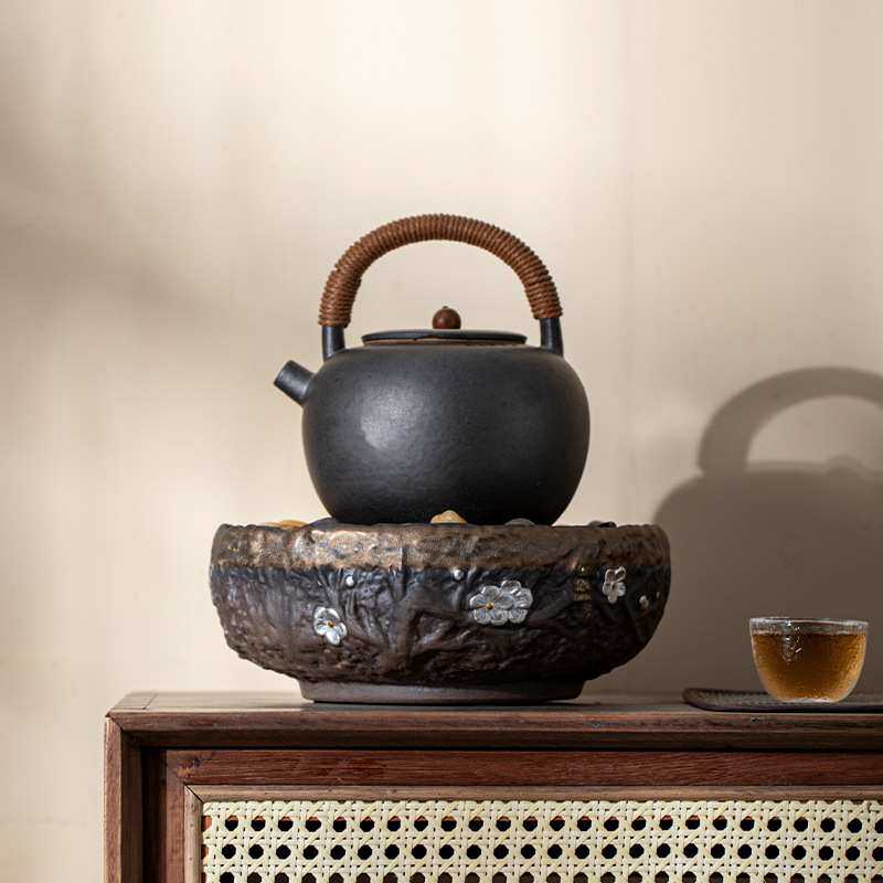 新款麦饭石粗陶围炉煮茶壶家用烧水壶电陶炉煮茶炉烤火炉套装