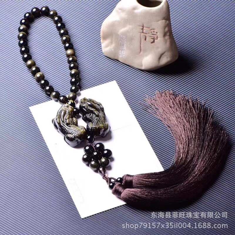 天然金曜石大顺毛双貔貅车挂 搭配手工编织双色穗貔貅车挂