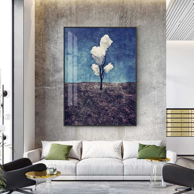 现代玄关装饰画客厅挂画 北欧办公室风景油画餐厅抽象画三朵白云