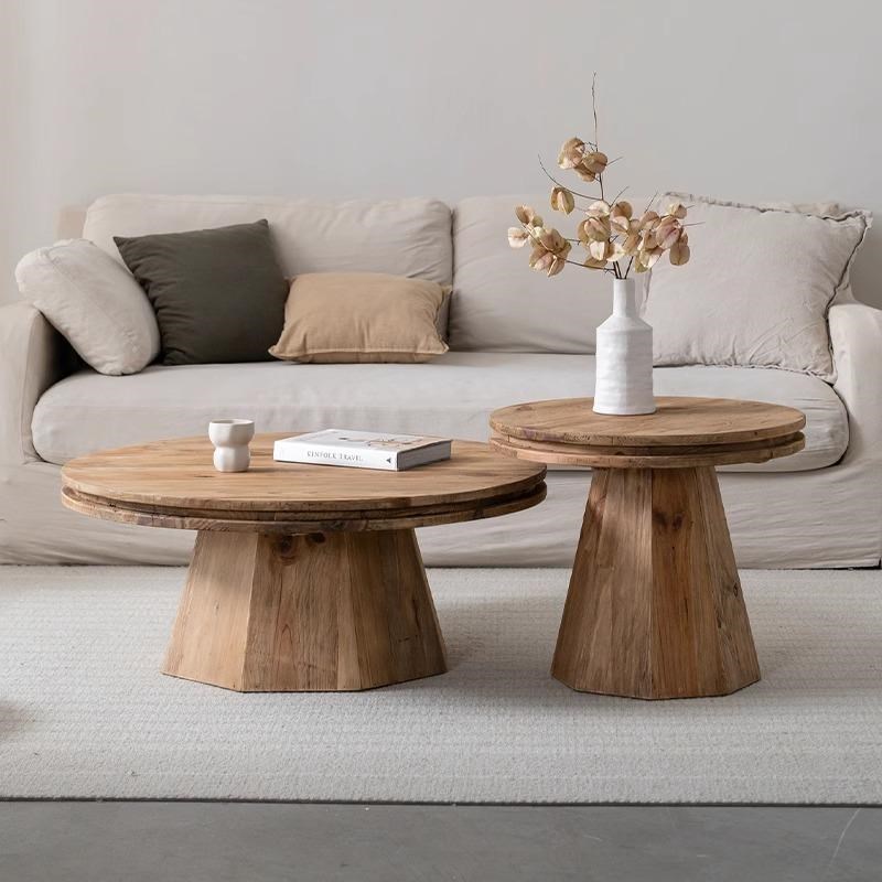 侘寂风实木组合茶几客厅家用创意复古中古小圆桌做旧Y桌子原木矮