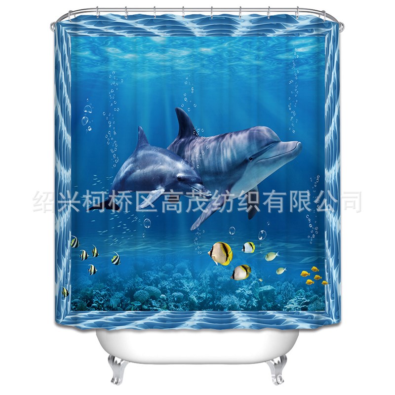 数码印花浴帘 3Dr海豚海底世界 加厚涤纶数码浴帘