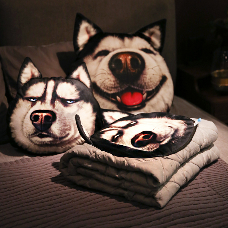 网红二哈士奇抱枕被子两用办公室B午休枕头毯子靠垫靠枕汽车载神
