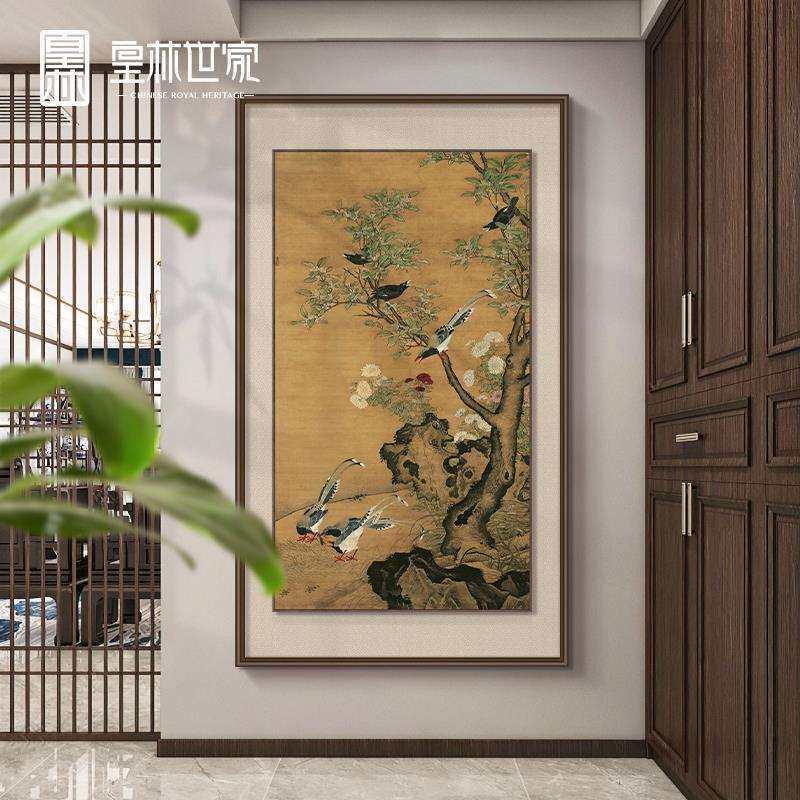 明代《桂菊山禽图》中古风花鸟玄关装饰画新中式入户茶室竖版挂画