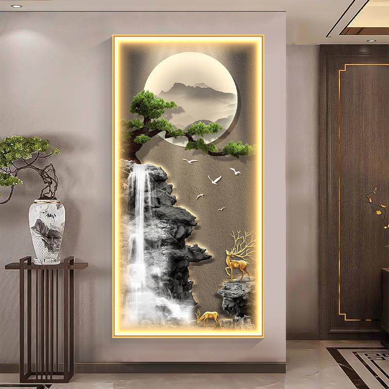 新中式走廊过道流水生财灯光挂画进门正对墙轻奢迎客松玄关装饰画