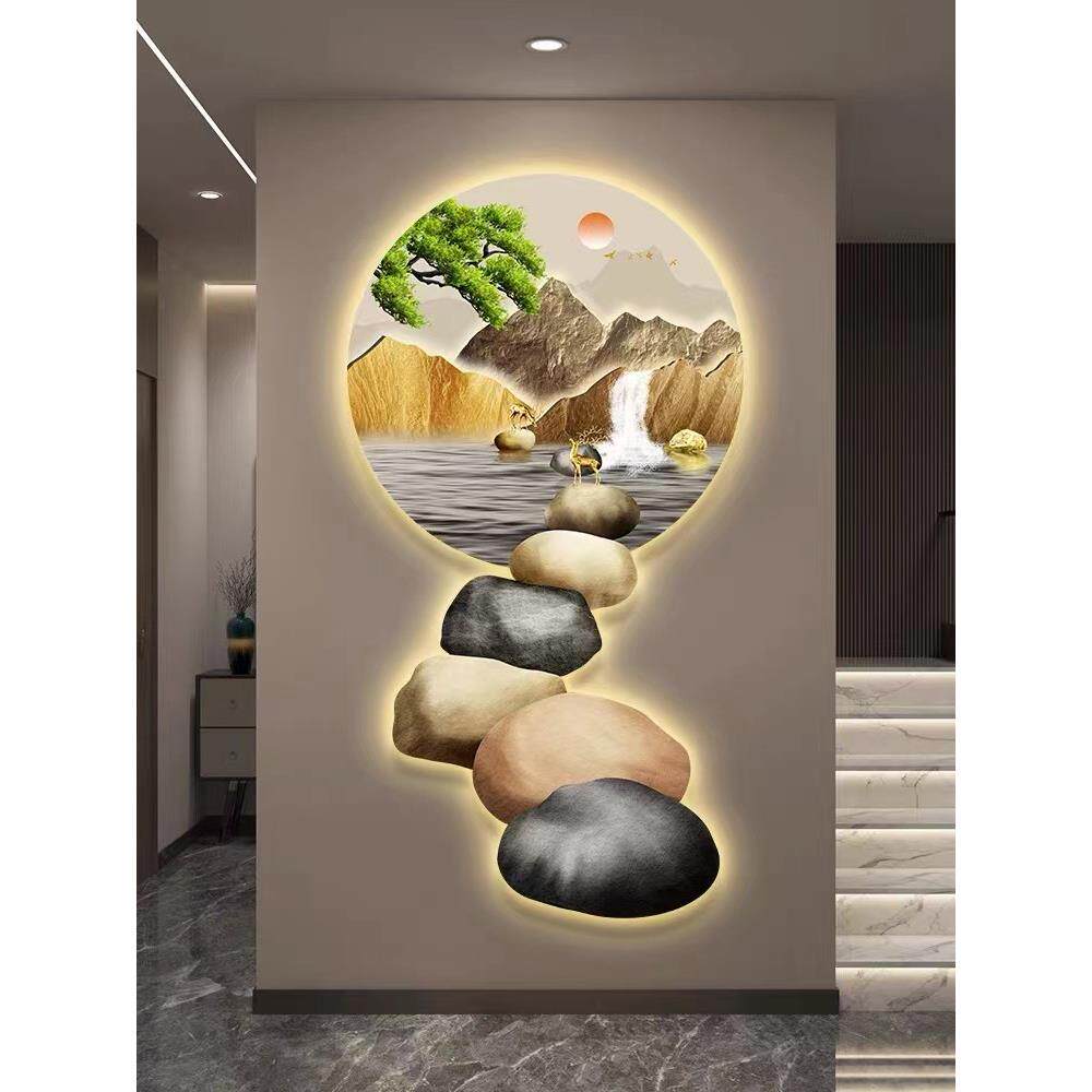 石来运转led带灯轻奢入户玄关装饰画走廊过道简约现代挂画迎客松