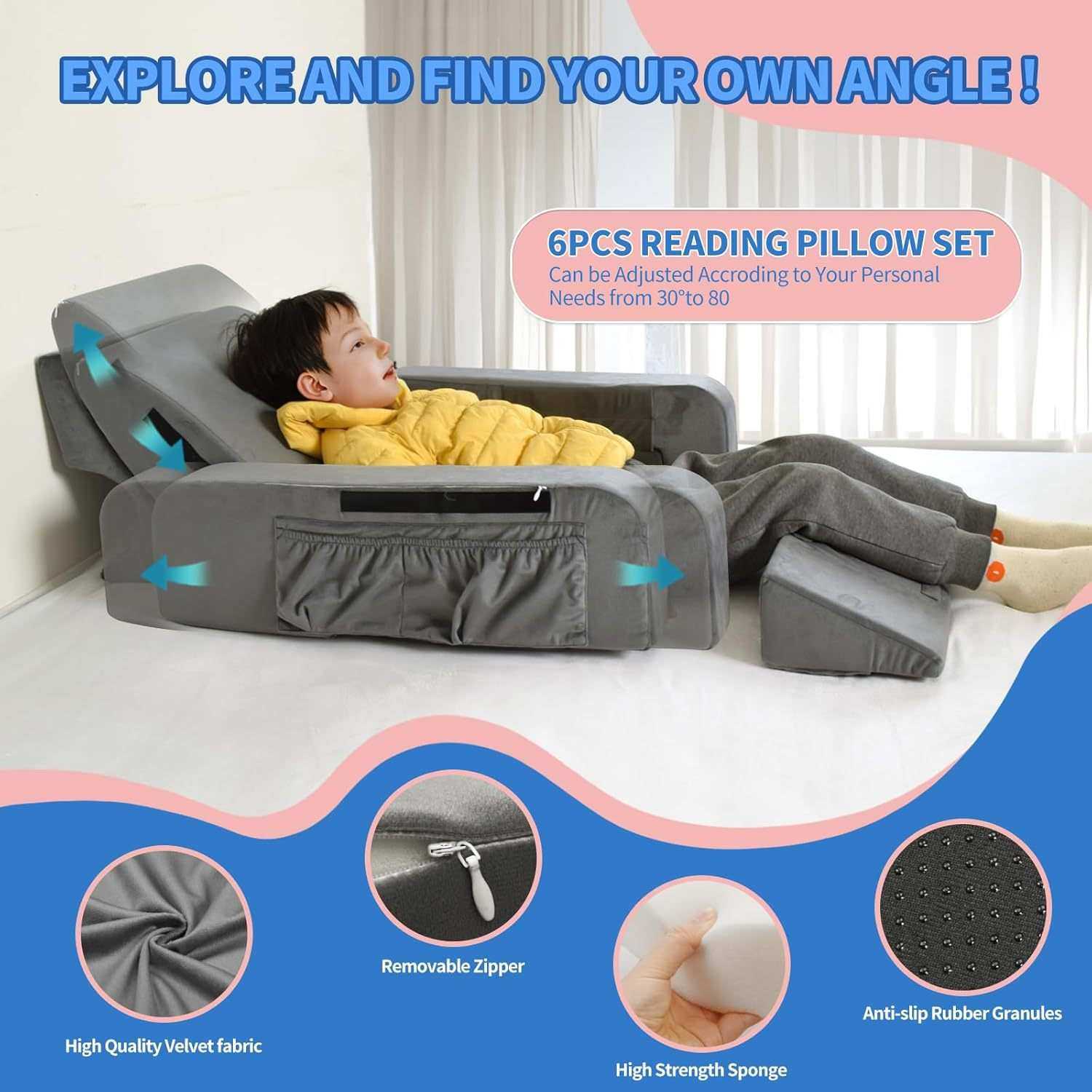 可拆卸阅读枕带扶手A23颈部背部支撑枕头阅读看电视膝上床楔形枕