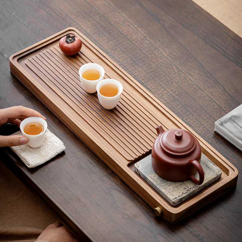 胡桃木国画石池韵竹石茶盘 实木储水排水两用一体茶台托盘干泡盘