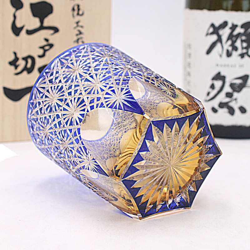日式江户切子水晶玻璃酒杯威士忌杯手工雕刻工艺家用装饰品蓝雏菊